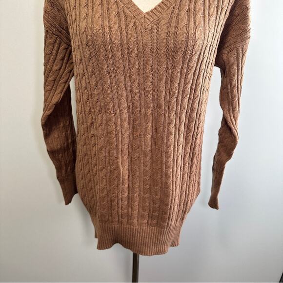 Chloe Kristyn Size Small Tan Tequila V Neck Cable Sweater Cozy Cabin Chic NWT - Picture 15 of 15